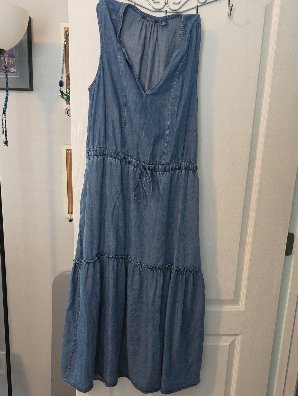 Lands' End Blue Sleeveless Chambray Maxi Dress with Drawstring Waist